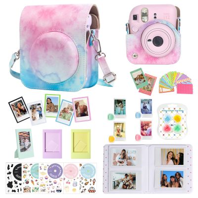 CAIYOULE Accessories for Fuji Instax Mini 12 Camera, Accessory Bundle Include PU Leather 12 Case, Mini Picture Album, Frames, DIY Stickers, Color Filter (No Camera) - Blue Pink Watercolor