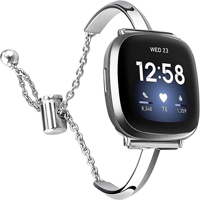 Silm Band Compatible with Fitbit Versa 4/Fitbit Sense 2 Band Cute Women, Bling Jewelry Metal Strap Replacement Compatible for Fitbit Sense/Versa 3 Women (Silver)