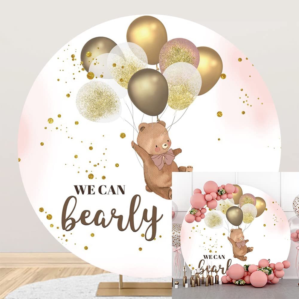 OERJU Bear Round Backdrop Cover 7.5x7.5ft We Can Bearly Wait Baby Shower Round Backdrop Bear Glitter Gold Dots Balloons Boy Girl Newborn Baby Shower Gender Reveal Party Circle Backdrop Cover