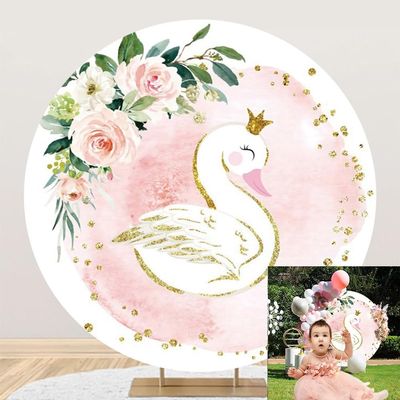 OERJU Swan Round Backdrop Cover 5x5ft White Swan Pink Flowers Gold Crown Baby Shower Birthday Party Decoration Circle Backdrop Cover Girls Cake Dessert Table Photo Studio Props Background