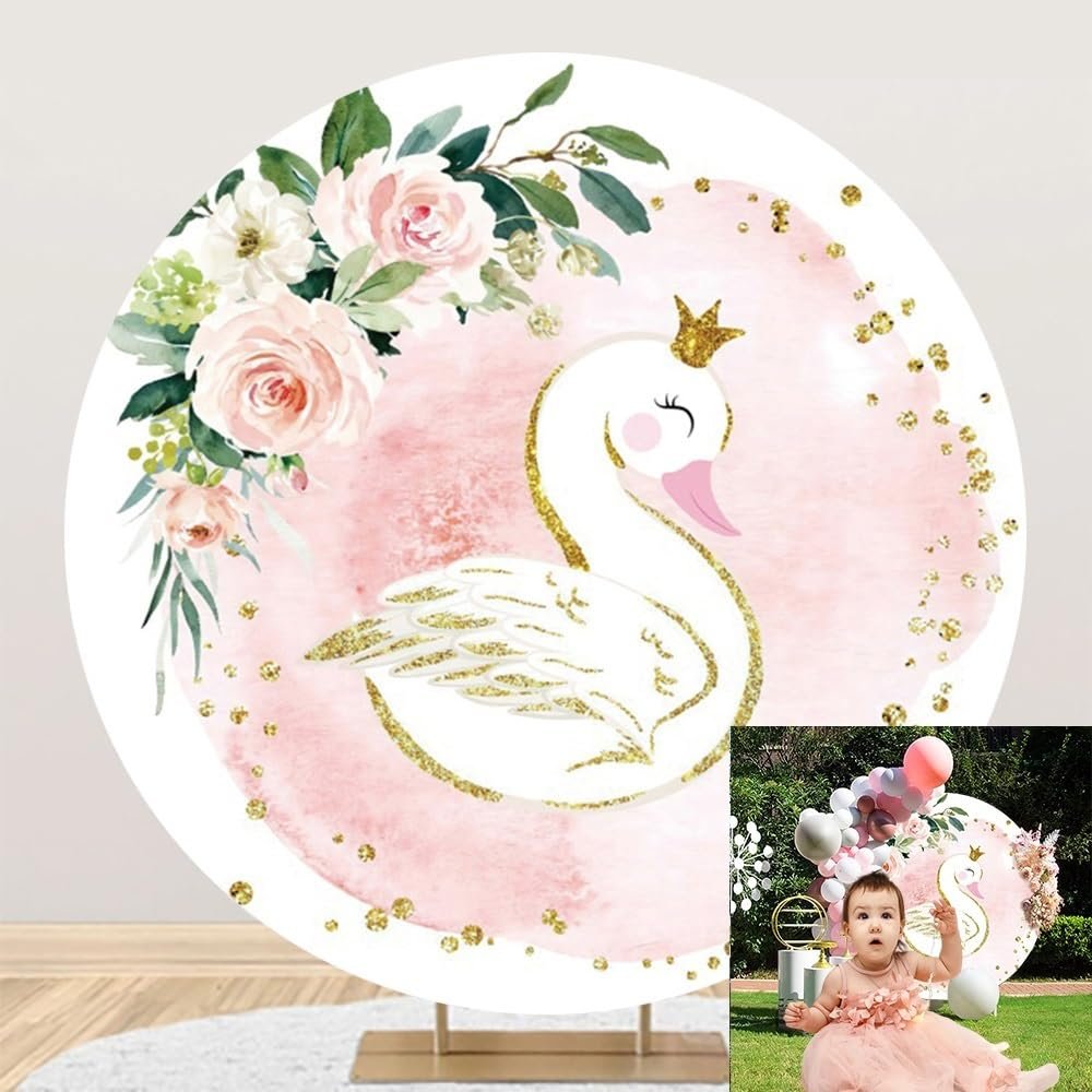 OERJU Swan Round Backdrop Cover 5x5ft White Swan Pink Flowers Gold Crown Baby Shower Birthday Party Decoration Circle Backdrop Cover Girls Cake Dessert Table Photo Studio Props Background