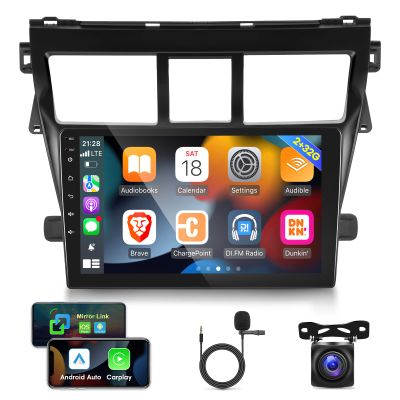 [2G+32G] Car Radio for Toyota Vios Yaris 2007-2012, 9 inch Android 11 Touch Screen Stereo, Carplay/Android Auto/Mirror Link/1080P/SWC/Bluetooth/WiFi +AHD Backup Camera+MIC