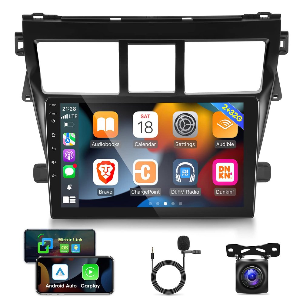 [2G+32G] Car Radio for Toyota Vios Yaris 2007-2012, 9 inch Android 11 Touch Screen Stereo, Carplay/Android Auto/Mirror Link/1080P/SWC/Bluetooth/WiFi +AHD Backup Camera+MIC