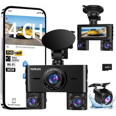 360 Dash Cam Front and Rear Inside, 4 Channel Dash Camera for Cars FHD 1080Px4, Built-in Wi-Fi, 3.16 IPS Screen, WDR Night Vision, Voice Control, Included 64GB Card, 24H Parking Mode