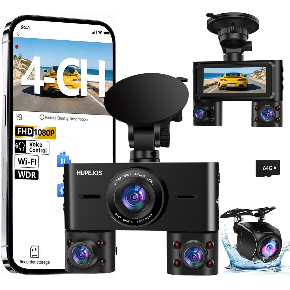360 Dash Cam Front and Rear Inside, 4 Channel Dash Camera for Cars FHD 1080Px4, Built-in Wi-Fi, 3.16 IPS Screen, WDR Night Vision, Voice Control, Included 64GB Card, 24H Parking Mode