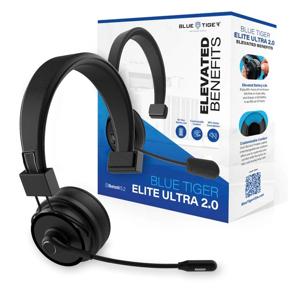 Blue Tiger Elite Ultra 2.0 Wireless Bluetooth Headset  One-Ear Piece Trucker Professional Headset - Bluetooth 5.2 with Microphone  60 Hours Talk Time, 1200 Hours Standby