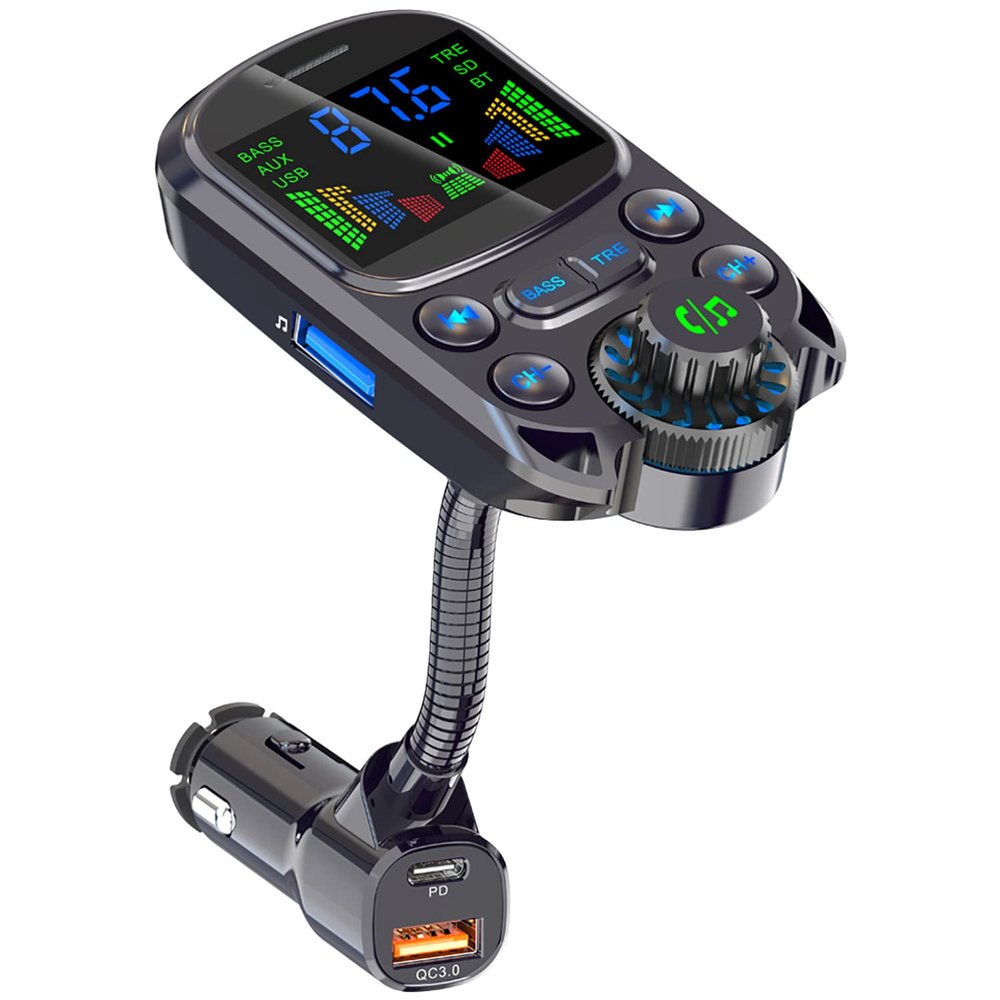 mmxo moiccimo Bluetooth 5.3 FM Transmitter for Car, 30W PD&QC3.0 USB Charger Music Radio Adapter, 1.6" Display BASS/Treble Mode - AUX Input/Output, TF Card Supports Siri Google Assistant