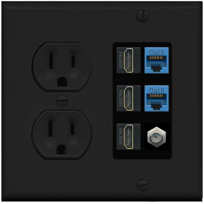 RiteAV 3 HDMI Wall Plate 2 Cat6 1 Coax - Round Outlet [Black/Black]