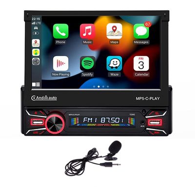 1Din Car Stereo with Wireless Carplay & Android Auto 7" Electric Flip Out HD Touch Screen Car Radio Supports Intelligent Voice Mirror Link Bluetooth FM/USB/AUX/TF+Lapel Microphone