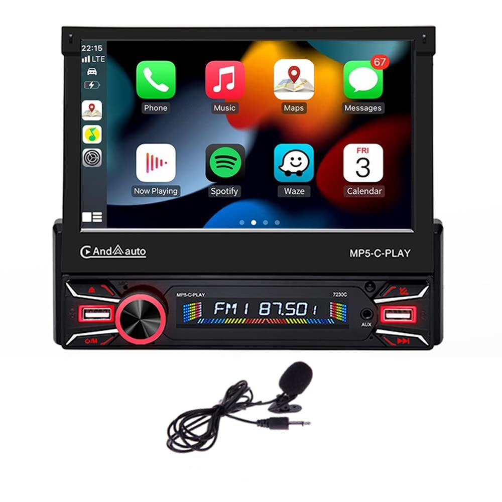 1Din Car Stereo with Wireless Carplay & Android Auto 7" Electric Flip Out HD Touch Screen Car Radio Supports Intelligent Voice Mirror Link Bluetooth FM/USB/AUX/TF+Lapel Microphone