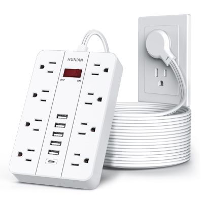 Extension Cord Power Strip Surge Protector 15 Ft, HUNIAN Flat Plug with 8 Widely Spaced Outlets 6 USB (1 USB C Port), Wall Mount Charging Station for Home and Office