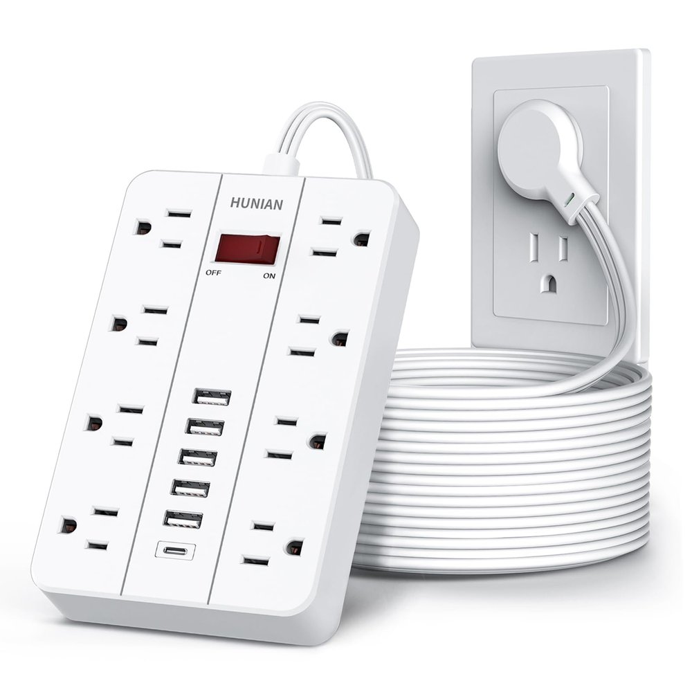 Extension Cord Power Strip Surge Protector 15 Ft, HUNIAN Flat Plug with 8 Widely Spaced Outlets 6 USB (1 USB C Port), Wall Mount Charging Station for Home and Office