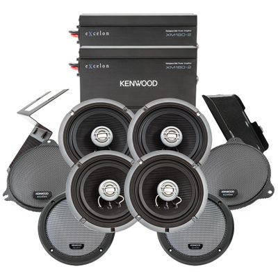 Kenwood Excelon P-HD4UT Audio Package for Select 2014-Up Harley-Davidson Models - (2) XM160-2 Audio Amplifier, (4) 6.5" Excelon XM65F Front Motorcycle Speakers, Includes Mounting Plates & Grilles