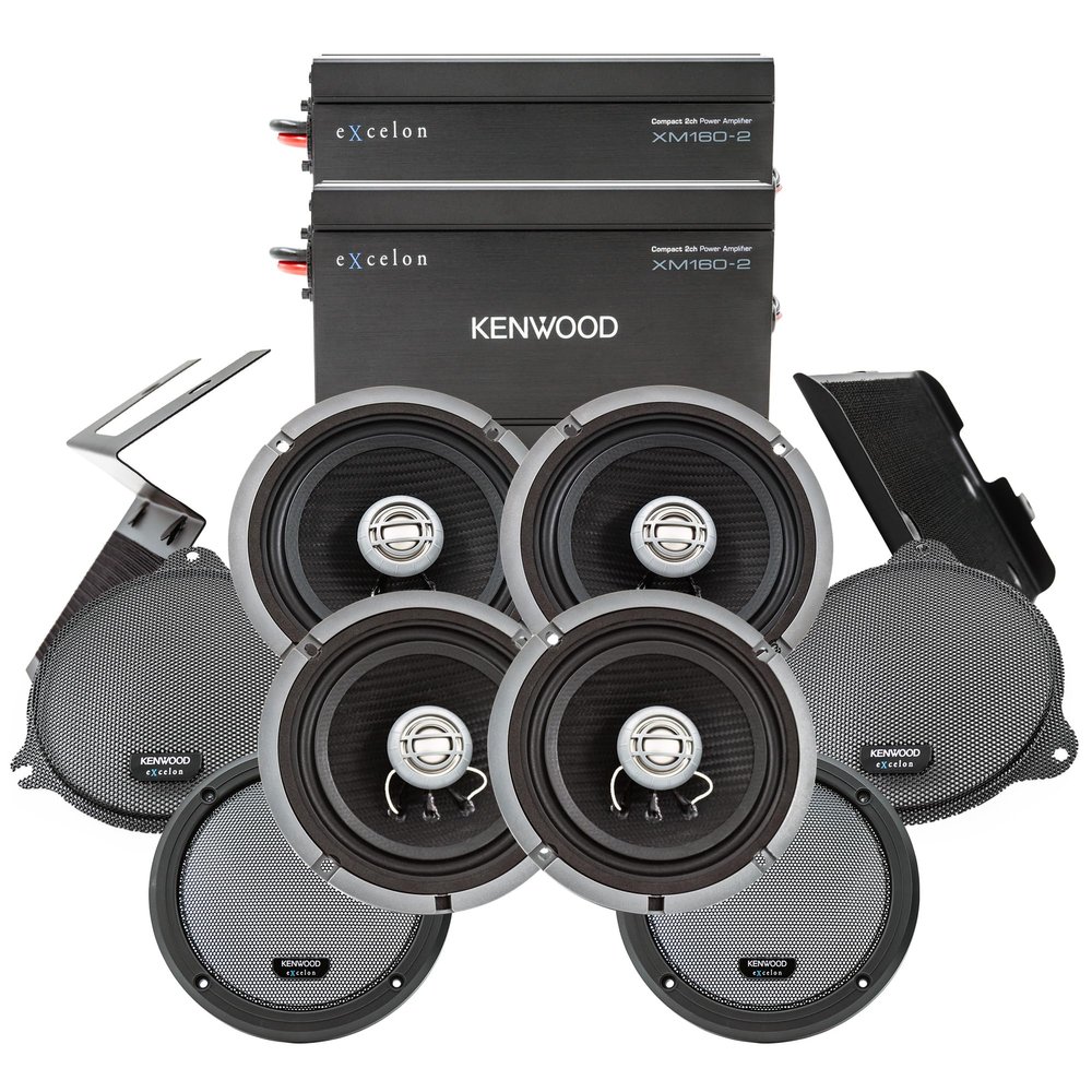 Kenwood Excelon P-HD4UT Audio Package for Select 2014-Up Harley-Davidson Models - (2) XM160-2 Audio Amplifier, (4) 6.5" Excelon XM65F Front Motorcycle Speakers, Includes Mounting Plates & Grilles