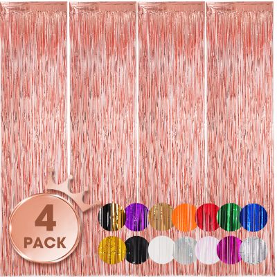 Voircoloria 4 Pack Rose Gold Foil Fringe Backdrop Curtains, 3.3x8.2Ft