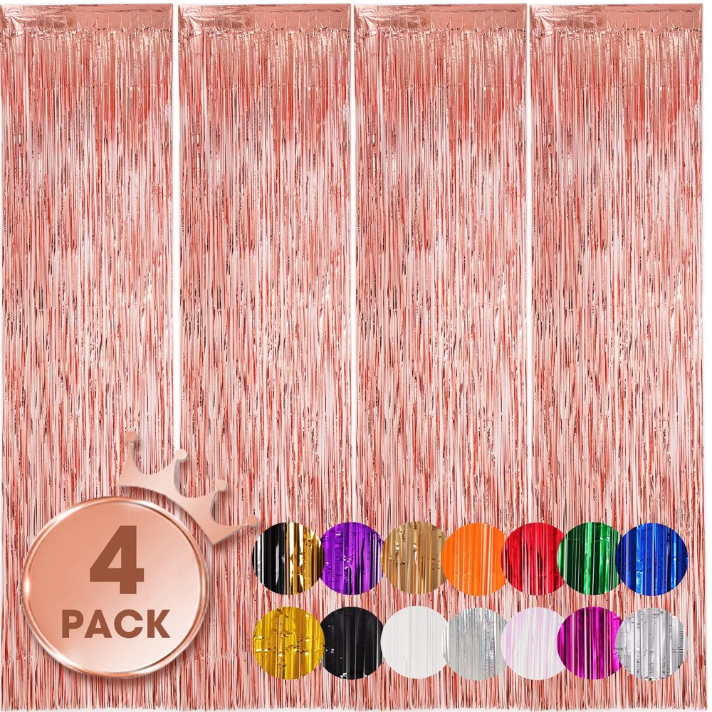 Voircoloria 4 Pack Rose Gold Foil Fringe Backdrop Curtains, 3.3x8.2Ft