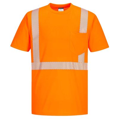 Portwest S194 Men's Hi Vis Reflective Tape Short Sleeve Pocket T-Shirt Orange, Small