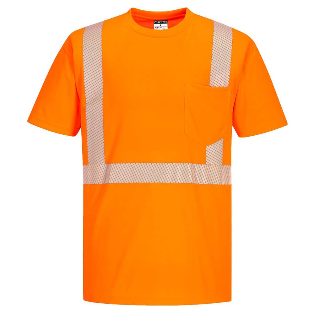 Portwest S194 Men's Hi Vis Reflective Tape Short Sleeve Pocket T-Shirt Orange, Small