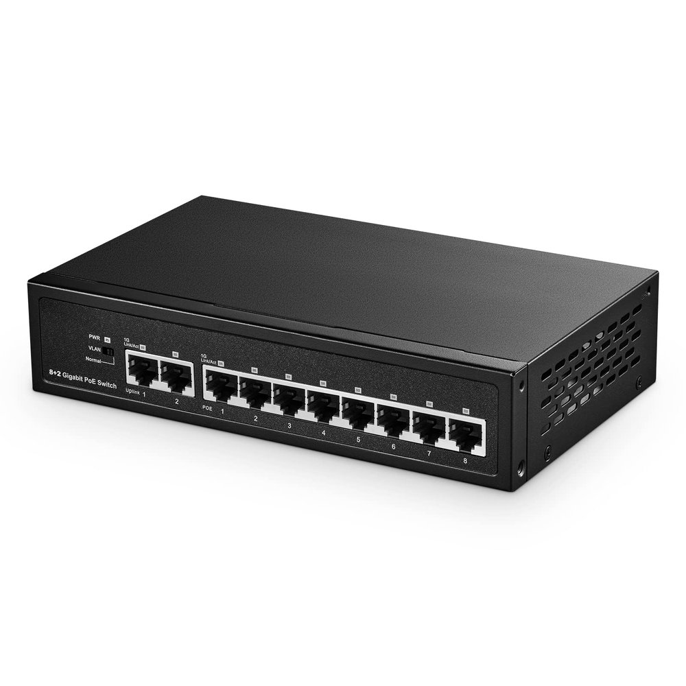 10 Port Gigabit POE Switch, 8 POE+ 1000Mbps, 2 Gigabit Uplink, IEEE802.3af/at, 120W Internal Power Supply, Metal Case Unmanaged Plug and Play Binardat Switch