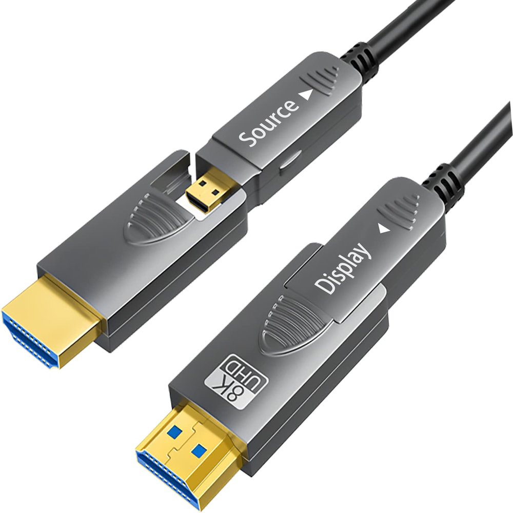 SkyeySnail 8K Fiber Optic HDMI Cable 26ft/8m, Micro HDMI to HDMI 2.1, Detachable Type A+D, 48Gbps Ultra Speed, HDR, 3D, eARC, in Wall CL2 / CL3 Rated, Slim and Flexible HMDI 2.4 Cable.