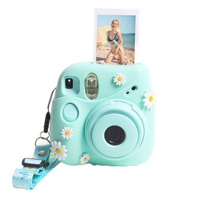 VBESTLIFE Camera Silicone Protective Sleeve for Instant Mini 7 Plus, Soft Silicone Protective Case Camera Cover with Adjustable and Detachable Shoulder Strap (Blue Daisy)