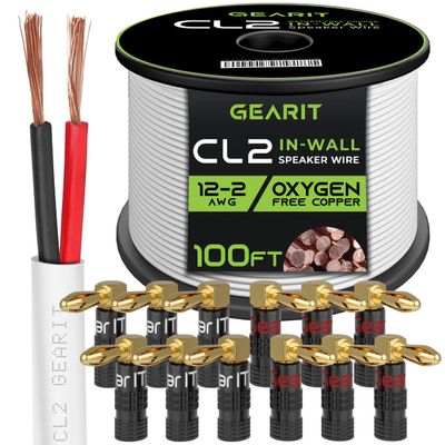 GEARit 100ft 12 AWG CL2 White Speaker Wire & 12 Rt Angle Banana