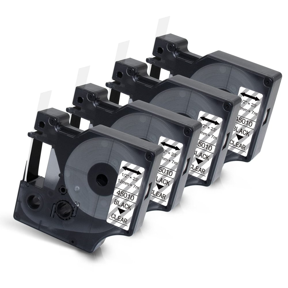 4-Packs Replacement for Dymo D1 Label Maker Refills Black on Clear 45010 S0720500, 1/2 Inch x 23 Ft Clear D1 Label Tape for DYMO LabelManager 280 160 210D 500TS 450DUO PnP Wireless