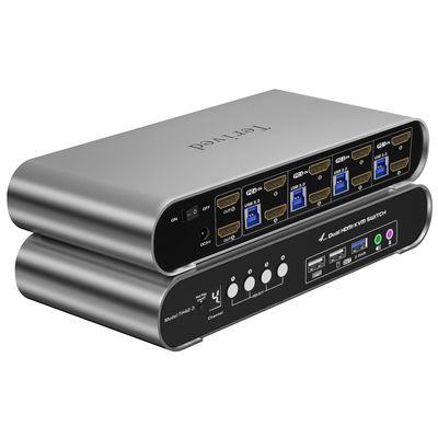 Terived 4 Computers 2 Monitors USB 3.0 HDMI KVM Switch 4K@60Hz with Hotkey Switching, Automatic Switching 4 Port Dual Monitor, Aluminum, Digital Display, USB 3.0 Audio/Mic, EDID, HDR10 with Cables