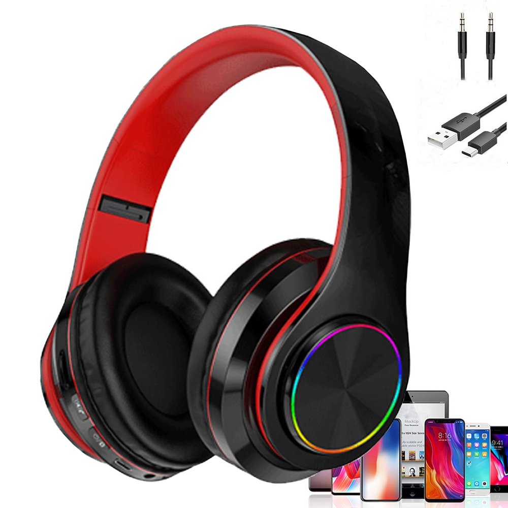Bluetooth Headphones LED Lights, Colorful Wireless Over Ear Headset for Kids, Built-in Mic, HIFI Stereo Foldable Lightweight Wired Headphones, for Classroom, Home, Gift, Tablet, Adult, Game(Black)