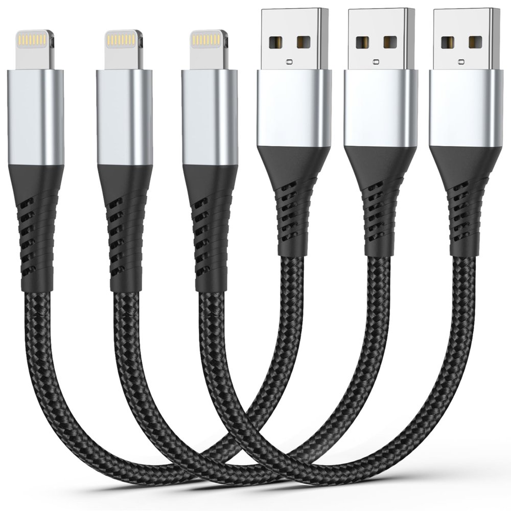 1FT Short iPhone Charging Cable, 3 Pack USB to Lightning Cable 1 Foot iPhone Charger Cord Fast Charging Braided for Apple iPhone 14 13 12 11 Pro Max Mini 10 8 7 Plus XR XS MAX SE iPad Air Mini (Black)