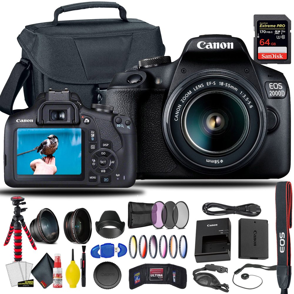Canon EOS 2000D / Rebel T7 DSLR Camera with 18-55mm Lens + Sandisk Extreme Pro 64GB Card + Creative Filters + EOS Camera Bag + 6AVE Cleaning Set, + More (International Model) (Renewed)