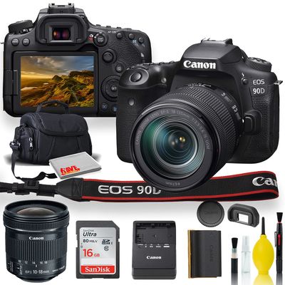 Canon EOS 90D DSLR Camera with 18-135mm Lens, Canon EF-S 10-18mm f/4.5-5.6 is STM Lens, Soft Padded Case, Memory Card, + More (International Model) (Renewed)