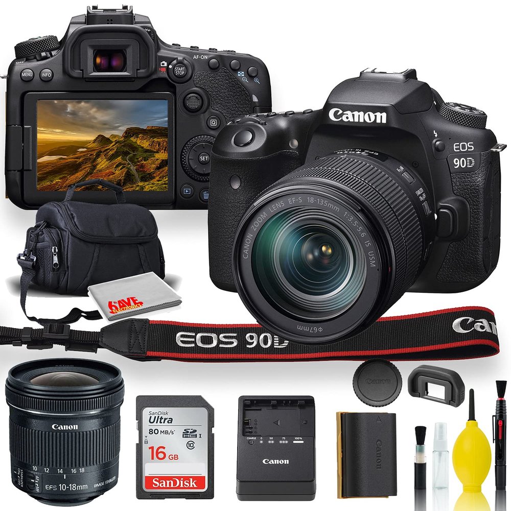 Canon EOS 90D DSLR Camera with 18-135mm Lens, Canon EF-S 10-18mm f/4.5-5.6 is STM Lens, Soft Padded Case, Memory Card, + More (International Model) (Renewed)