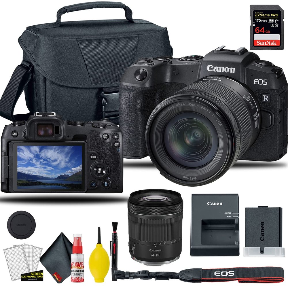 Canon EOS RP Mirrorless Digital Camera with 24-105mm f/4-7.1 Lens, + EOS Camera Bag + Sandisk Extreme Pro 64GB Card + 6AVE Electronics Cleaning Set, and More (Renewed)