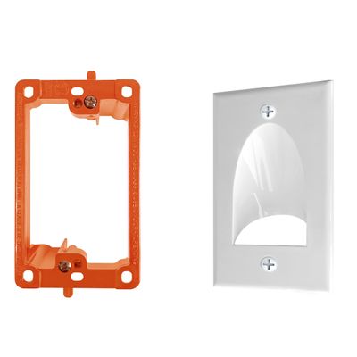 1 Pack Wall Plate Cable Pass Through with Bracket - In Wall Cable Management Kit - Recessed Cable Wall Plate Pair with Single Gang Low Voltage Mounting Bracket - Decorator Cover for Low Voltage Cables