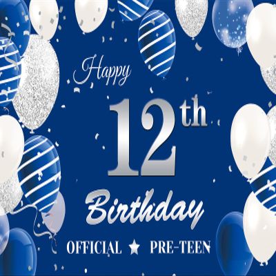 12th Birthday Backdrop Banner, Navy Blue Silver Official Pre-Teen 12th Birthday Photography Background, 12 Years Old Boys Birthday Party Backdrop Poster Fabric 6x4ft