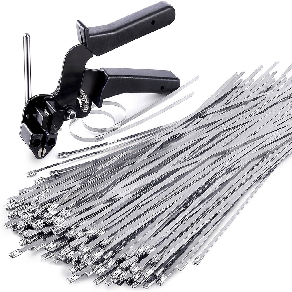 Sinlon Stainless Steel Cable Tie Gun Kit for Fence Repair - Heavy Duty Metal Zip Tie Tool with 150pcs 11.8" 304 Steel Ties, Non-Slip Tensioning & Clean Cutting Plier for Chain Link Outdoor Cages