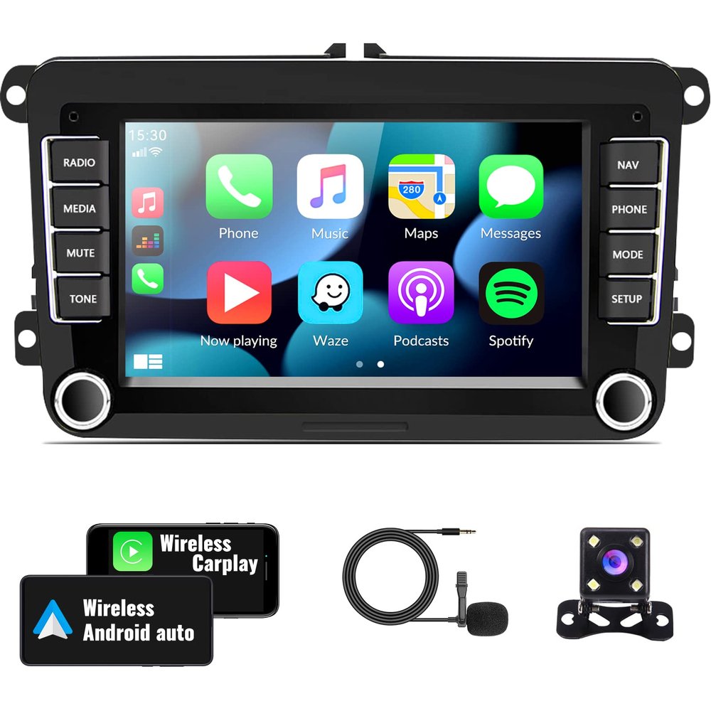 Android Car Stereo for VW Volkswagen Seat Golf Passat Jetta Beetle Tiguan Touran EOS 7 Double Din Touchscreen Bluetooth Radio with Apple CarPlay Android Auto GPS Navigation WiFi FM Backup Camera MIC