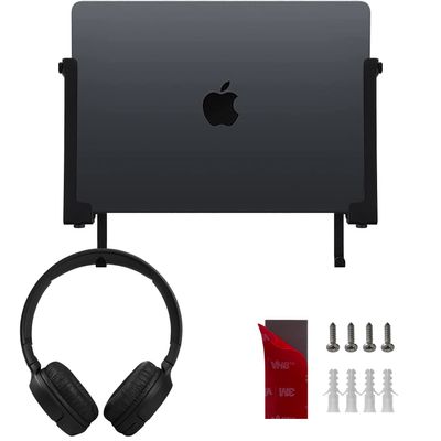 IFCASE Aluminum Wall Laptop Mount Holder for MacBook Air, Pro, Surface, iPad, Tablets, Cell Phones with Headphone Hook, Anti-Scratch Pads, Adhesive & Screws (Black)