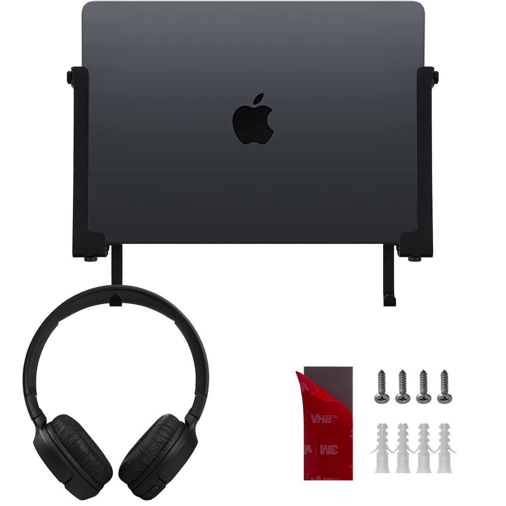 IFCASE Aluminum Wall Laptop Mount Holder for MacBook Air, Pro, Surface, iPad, Tablets, Cell Phones with Headphone Hook, Anti-Scratch Pads, Adhesive & Screws (Black)