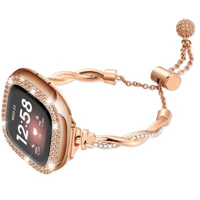 Bling Band Compatible with Fitbit Versa 4/Sense, Fitbit Versa 3/ Sense 2, Double Twist Metal Bangle Bracelet with Rhinestones for (Fitbit Versa 4/Sense 2, Rose Gold)