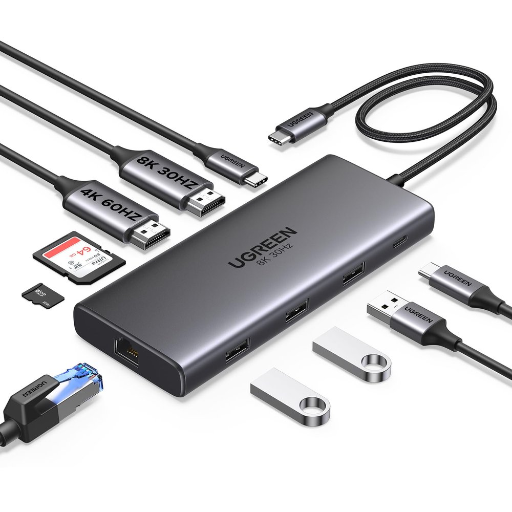 UGREEN Docking Station 10 in 1 Revodok Pro 210 USB C Dock Dual HDMI 4K@60Hz Single 8K@30Hz 100W PD 5Gbps USB C and USB A Data Ports Gigabit Ethernet, SD/TF Card Reader USB Hub Compatible for HP, Dell
