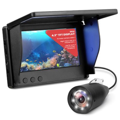 Pyle 4.3 Portable Underwater Fishing Camera with TFT LCD Monitor, 1000TVL IP68 Waterproof Camera, 12 Infrared Lights, Rechargeable Battery, Carrying Case & Sunshield for Ice and Sea Fishing