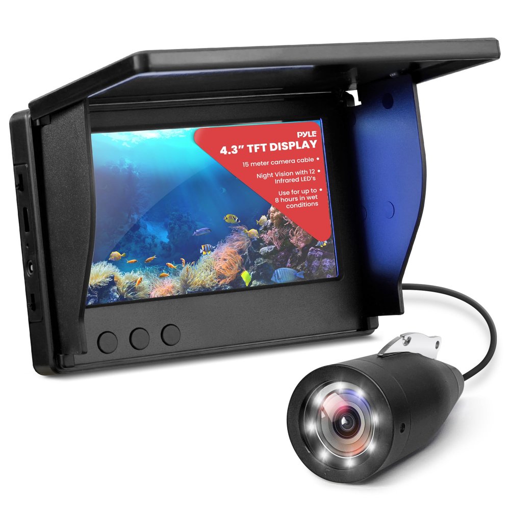 Pyle 4.3 Portable Underwater Fishing Camera with TFT LCD Monitor, 1000TVL IP68 Waterproof Camera, 12 Infrared Lights, Rechargeable Battery, Carrying Case & Sunshield for Ice and Sea Fishing
