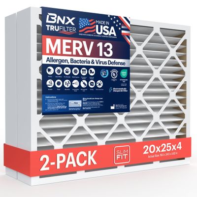 BNX TruFilter 20x25x4 (19.5 x 24.5 x 3.63 Slim Fit) MERV 13 Air Filter (2-Pack) - MADE IN USA - Air Conditioner HVAC AC Furnace Filters Health, Allergies, Mold, Bacteria, Smoke, MPR 1900 FPR 10