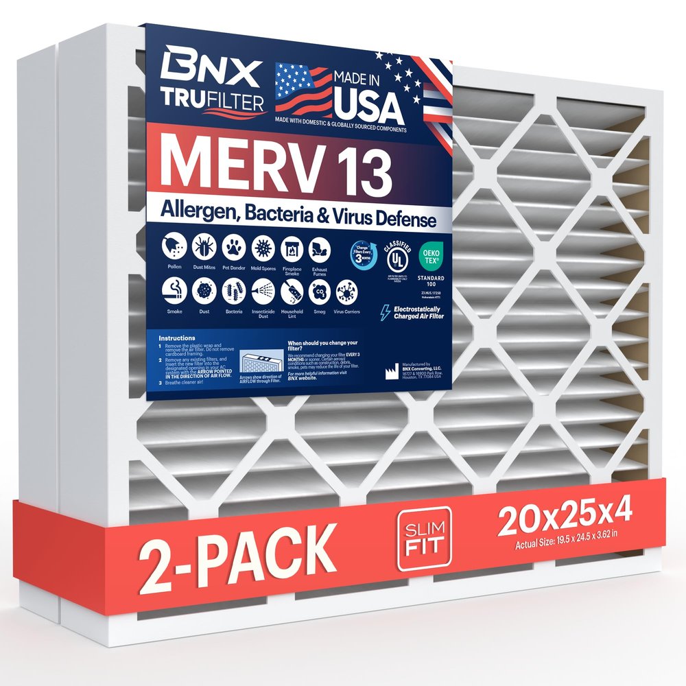 BNX TruFilter 20x25x4 (19.5 x 24.5 x 3.63 Slim Fit) MERV 13 Air Filter (2-Pack) - MADE IN USA - Air Conditioner HVAC AC Furnace Filters Health, Allergies, Mold, Bacteria, Smoke, MPR 1900 FPR 10