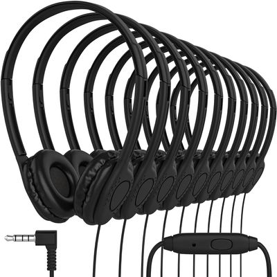 Maeline Bulk Headphones with Microphone, On Ear Stereo Headphones with Mic & Faux Leather Cushions for Kids Online Learning, Classroom, Library, School, Airplane, Travel - 3.5mm Plug - 50 Pack - Black