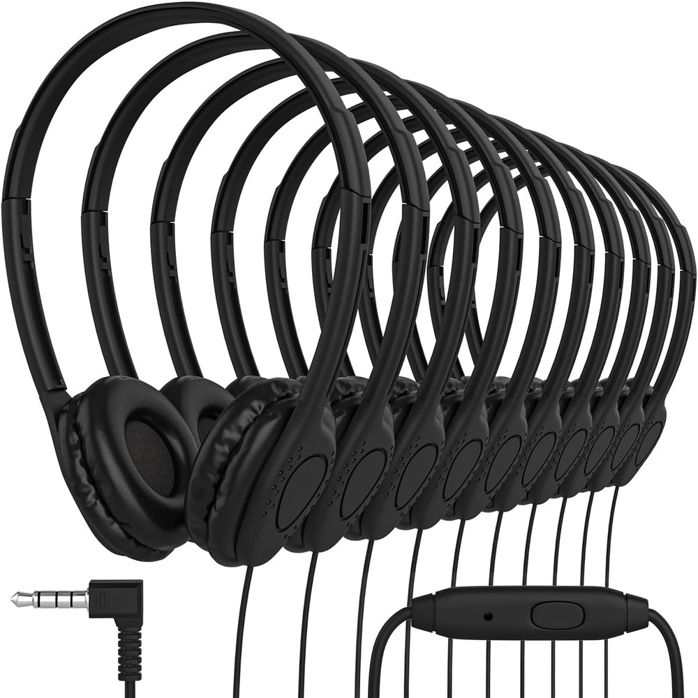 Maeline Bulk Headphones with Microphone, On Ear Stereo Headphones with Mic & Faux Leather Cushions for Kids Online Learning, Classroom, Library, School, Airplane, Travel - 3.5mm Plug - 50 Pack - Black