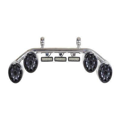 Big Air Speaker and Light Bar Combo for wakeboard tower - 4 speakers and 3 lights - 2.5" Clamp with Neoprene Liners to accommodate down to 2.375", 2.25", 2" and 1.875" Round tubing (Non-LED, Polished)