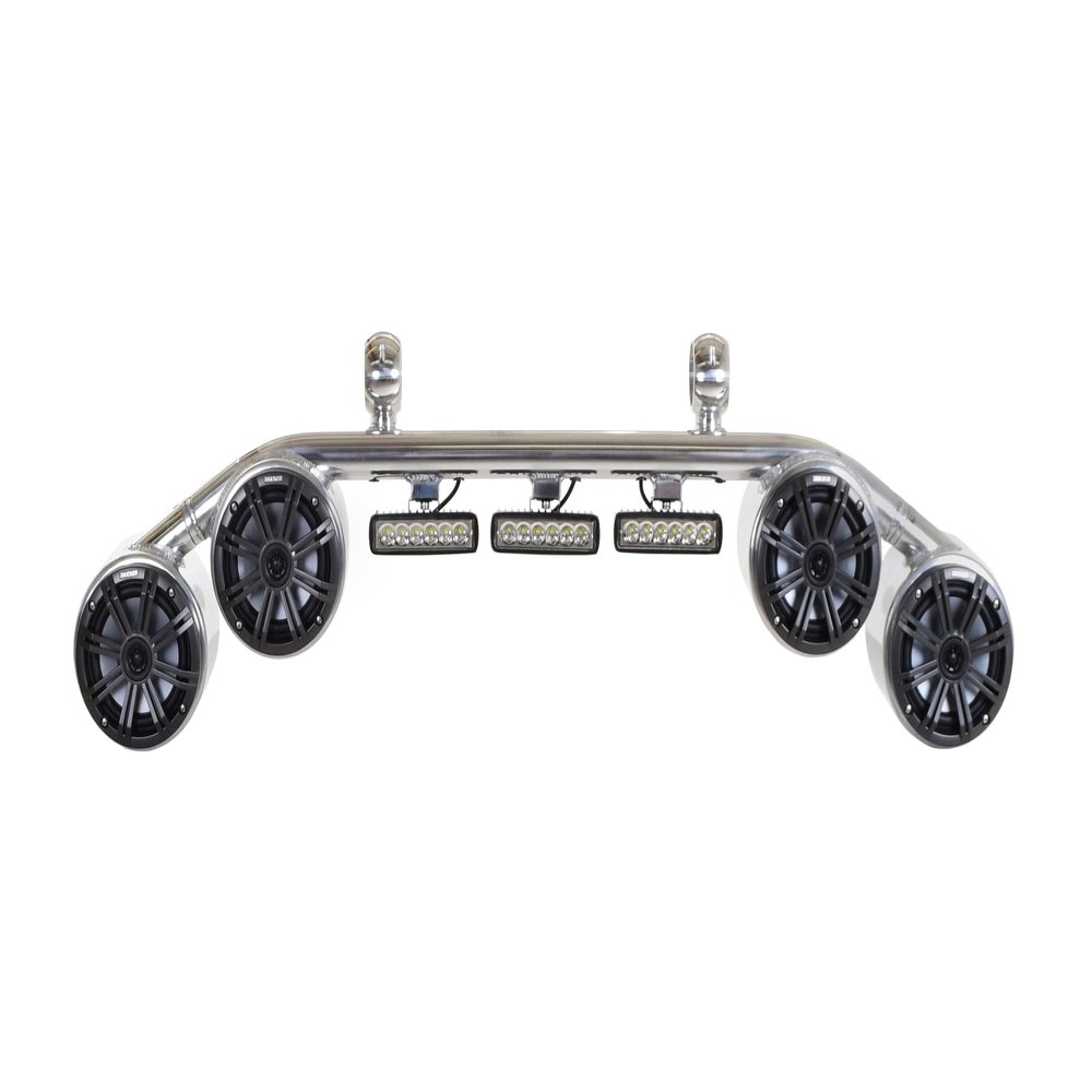 Big Air Speaker and Light Bar Combo for wakeboard tower - 4 speakers and 3 lights - 2.5" Clamp with Neoprene Liners to accommodate down to 2.375", 2.25", 2" and 1.875" Round tubing (Non-LED, Polished)